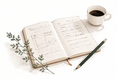 開いたノートとコーヒー、そえられた植物